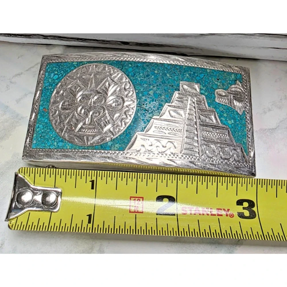 VHLC Plata de Jalisco .925 Sterling Silver Turquoise Aztec Belt Buckle, Vintage
